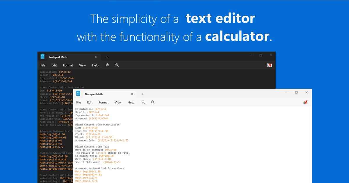 Notepad math text editor with integrated calculator